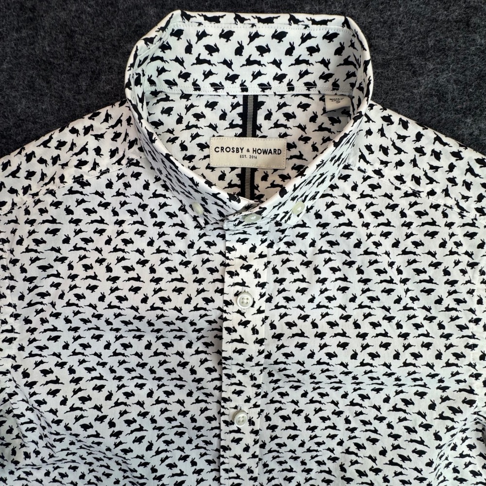 Crosby‎ & Howard Button Down Shirt Mens S White Black Rabbit Print Short Sleeve
